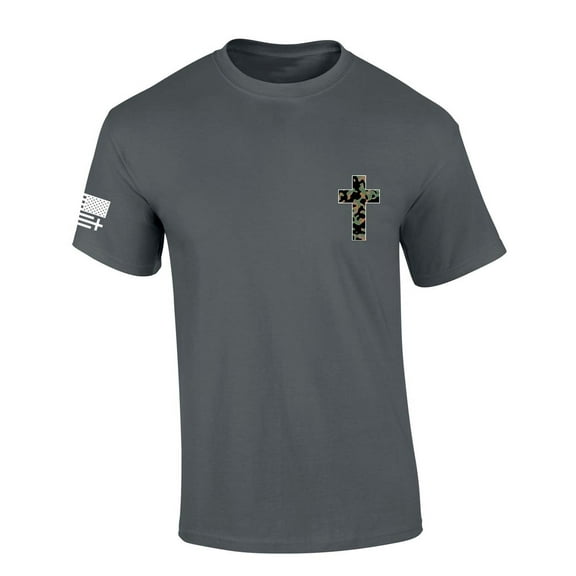 Trenz Shirt Company Mens Christian Tshirt Camo Cross Crest Short Sleeve T-shirt-Charcoal-small