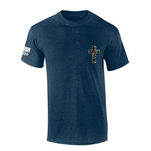 Trenz Shirt Company Mens Christian Tshirt Camo Cross Crest Short Sleeve T-shirt-Heather Navy-medium