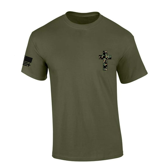 Trenz Shirt Company Mens Christian Tshirt Camo Cross Crest Short Sleeve T-shirt-Military Green-small