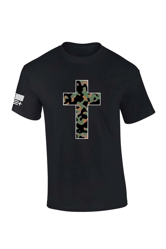 Mens Christian Tshirt Camo Cross Short Sleeve T-shirt-Black-medium