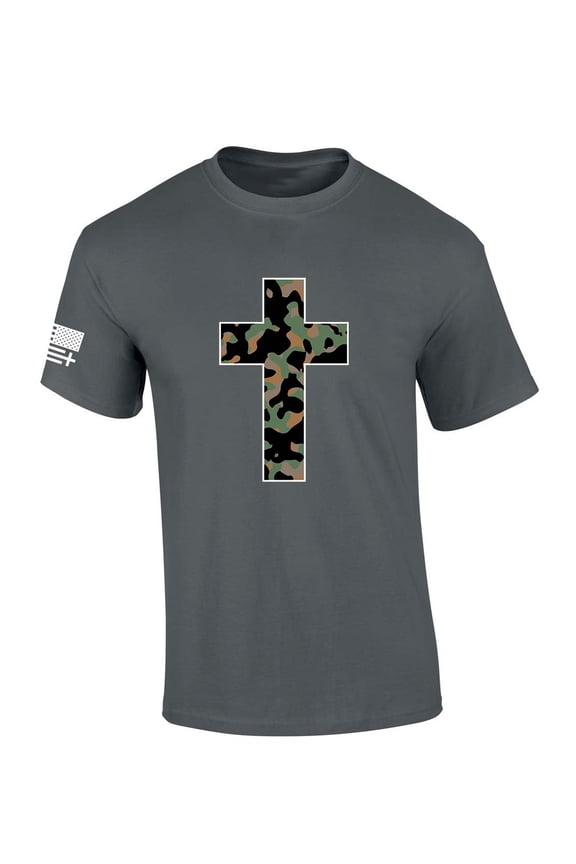 Mens Christian Tshirt Camo Cross Short Sleeve T-shirt-Charcoal-xxl