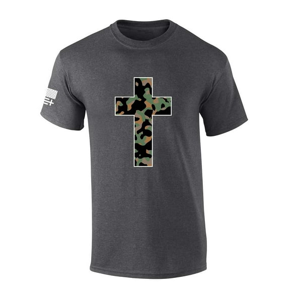Trenz Shirt Company Mens Christian Tshirt Camo Cross Short Sleeve T-shirt-Heather Grey-small
