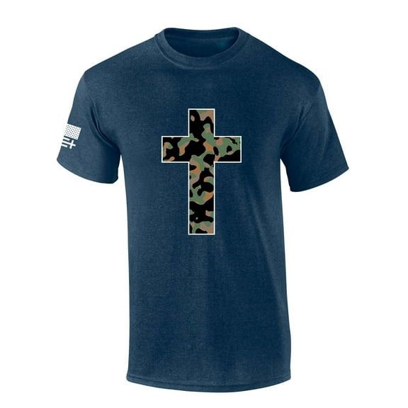 Trenz Shirt Company Mens Christian Tshirt Camo Cross Short Sleeve T-shirt-Heather Navy-medium