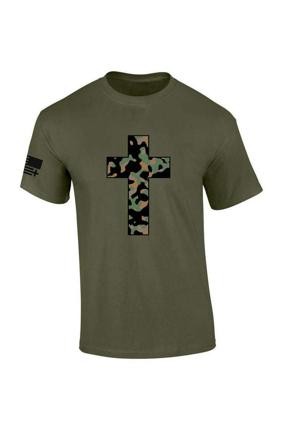 Mens Christian Tshirt Camo Cross Short Sleeve T-shirt-Military Green-medium