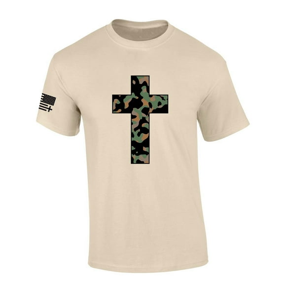 Trenz Shirt Company Mens Christian Tshirt Camo Cross Short Sleeve T-shirt-Sand-small