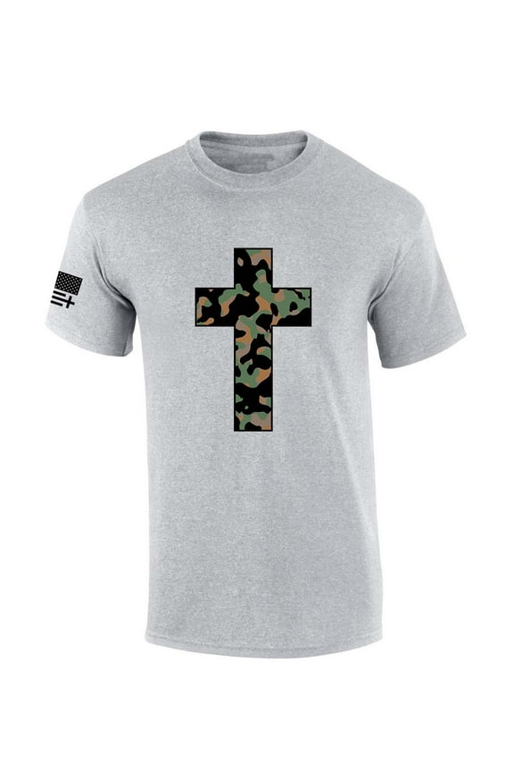 Mens Christian Tshirt Camo Cross Short Sleeve T-shirt-Sports Grey-xxxl