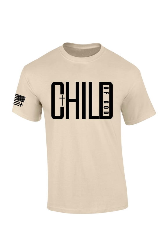 Mens Christian Tshirt Child of God Cross Short Sleeve T-shirt-Sand-xxl