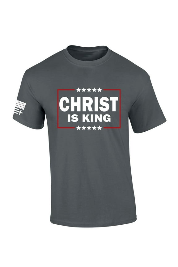 Mens Christian Tshirt Christ Is King Patriotic Short Sleeve T-shirt Graphic Tee-Charcoal-medium