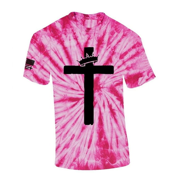 Trenz Shirt Company Mens Christian Tshirt Cross With Crown Jesus Short Sleeve T-shirt-Pink Tie Dye-small
