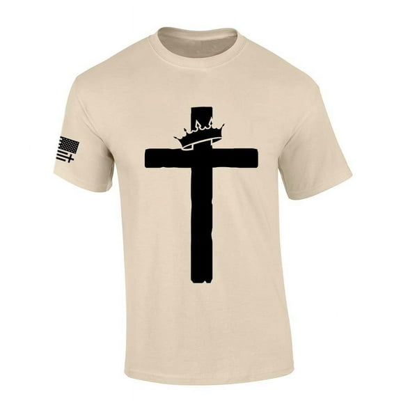 Trenz Shirt Company Mens Christian Tshirt Cross With Crown Jesus Short Sleeve T-shirt-Sand-small