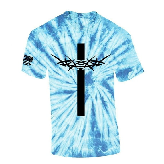Trenz Shirt Company Mens Christian Tshirt Cross With Crown of Thorns Jesus Short Sleeve T-shirt-Light Blue Tie Dye-large