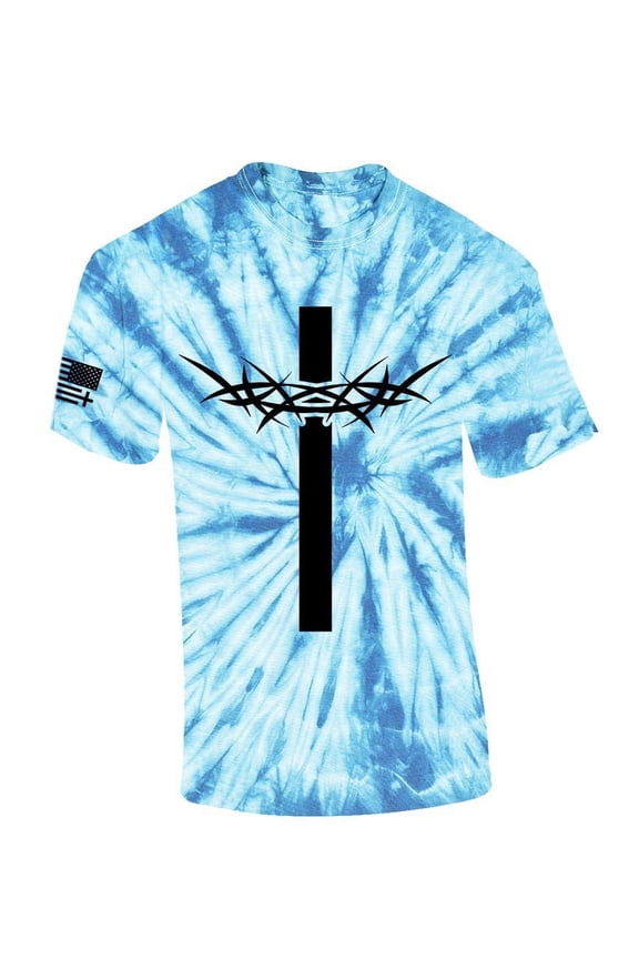 Mens Christian Tshirt Cross With Crown of Thorns Jesus Short Sleeve T-shirt-Light Blue Tie Dye-small