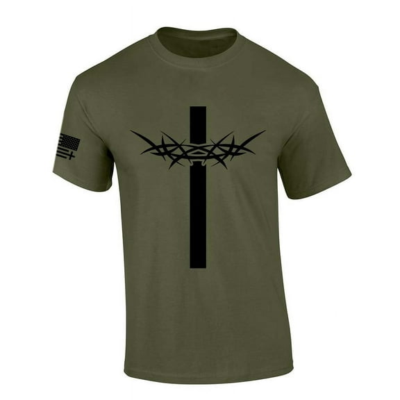 Trenz Shirt Company Mens Christian Tshirt Cross With Crown of Thorns Jesus Short Sleeve T-shirt-Military Green-xl
