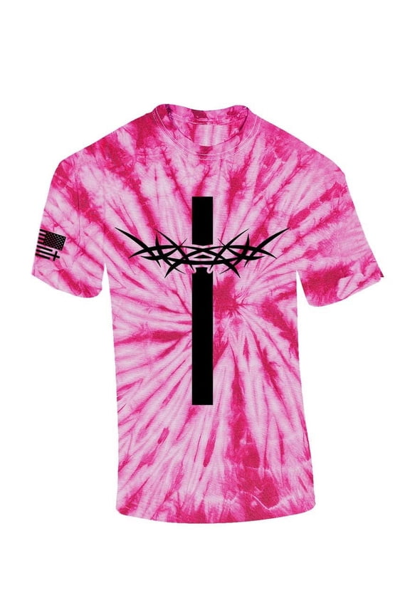Mens Christian Tshirt Cross With Crown of Thorns Jesus Short Sleeve T-shirt-Pink Tie Dye-small