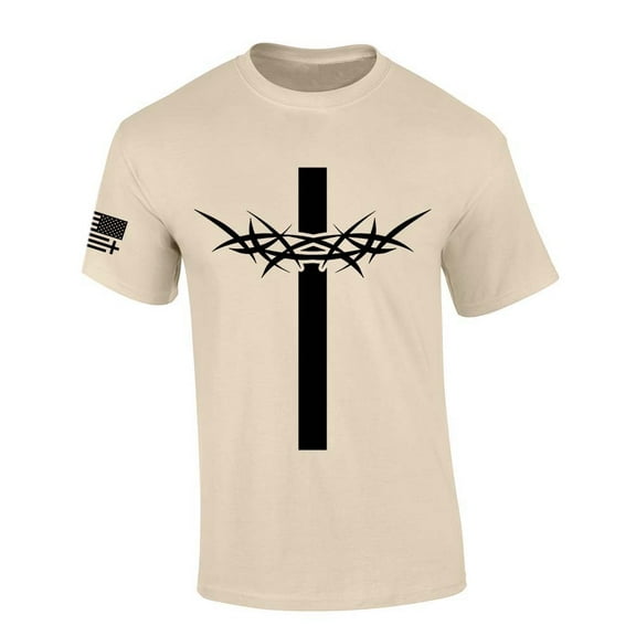 Trenz Shirt Company Mens Christian Tshirt Cross With Crown of Thorns Jesus Short Sleeve T-shirt-Sand-large