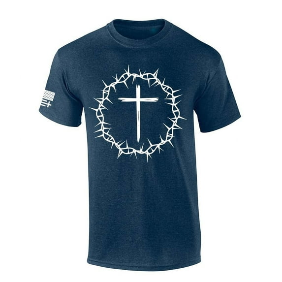 Trenz Shirt Company Mens Christian Tshirt Cross Within Crown of Thorns Jesus Short Sleeve T-shirt-Heather Navy-5xl