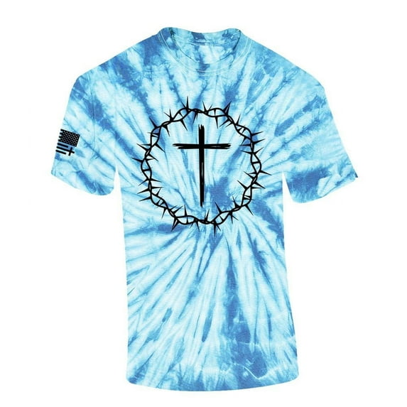 Trenz Shirt Company Mens Christian Tshirt Cross Within Crown of Thorns Jesus Short Sleeve T-shirt-Light Blue Tie Dye-large