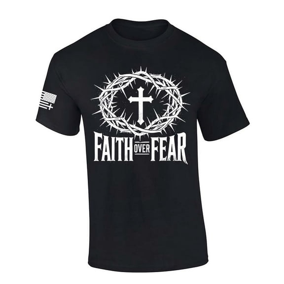 Trenz Shirt Company Mens Christian Tshirt Faith Over Fear Cross With Crown of Thorns Jesus Short Sleeve T-shirt-Black-medium