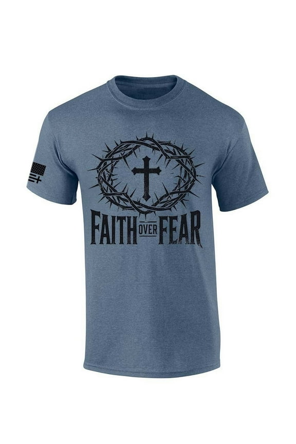 Mens Christian Tshirt Faith Over Fear Cross With Crown of Thorns Jesus Short Sleeve T-shirt-Heather Indigo-4xl