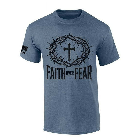 Trenz Shirt Company Mens Christian Tshirt Faith Over Fear Cross With Crown of Thorns Jesus Short Sleeve T-shirt-Heather Indigo-small