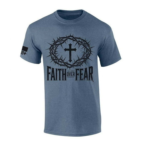 Trenz Shirt Company Mens Christian Tshirt Faith Over Fear Cross With Crown of Thorns Jesus Short Sleeve T-shirt-Heather Indigo-small