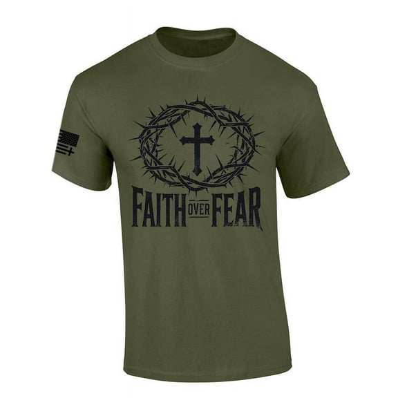 Trenz Shirt Company Mens Christian Tshirt Faith Over Fear Cross With Crown of Thorns Jesus Short Sleeve T-shirt-Military Green-5xl