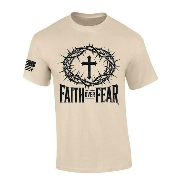 Trenz Shirt Company Mens Christian Tshirt Faith Over Fear Cross With Crown of Thorns Jesus Short Sleeve T-shirt-Sand-small