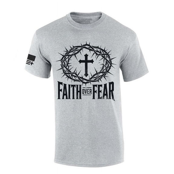 Trenz Shirt Company Mens Christian Tshirt Faith Over Fear Cross With Crown of Thorns Jesus Short Sleeve T-shirt-Sports Grey-xxl