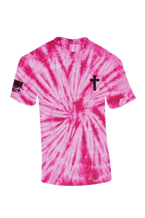 Mens Christian Tshirt Grunge Cross Crest Design Jesus Short Sleeve T-shirt Faith Tee-Pink Tie Dye-large