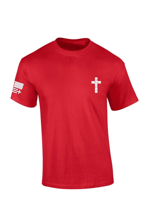 Mens Christian Tshirt Grunge Cross Crest Design Jesus Short Sleeve T-shirt Faith Tee-Red-large