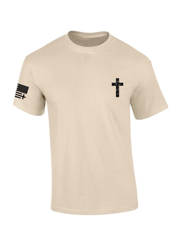 Mens Christian Tshirt Grunge Cross Crest Design Jesus Short Sleeve T-shirt Faith Tee-Sand-5xl