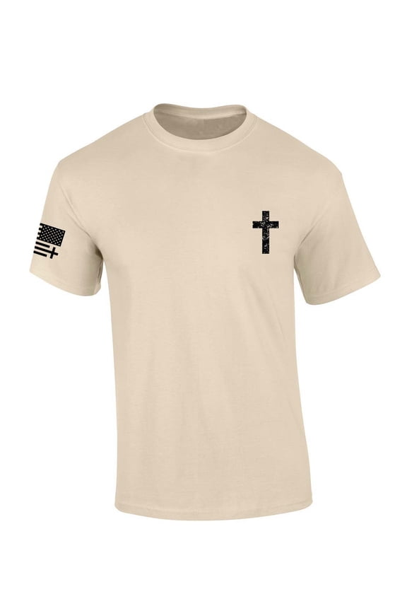 Mens Christian Tshirt Grunge Cross Crest Design Jesus Short Sleeve T-shirt Faith Tee-Sand-large