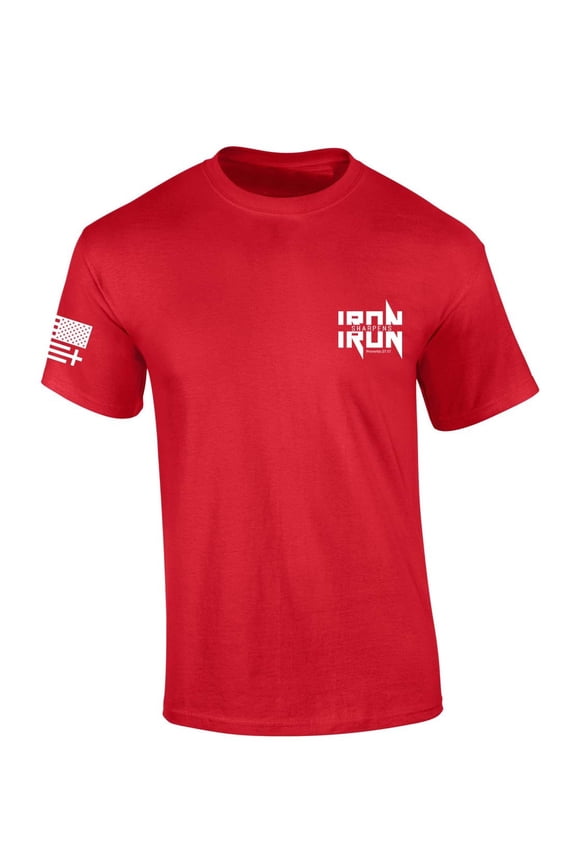 Mens Christian Tshirt Iron Sharpens Iron Metal Logo Crest Design Proverbs 27:17 Short Sleeve T-shirt Jesus Tee-Red-medium