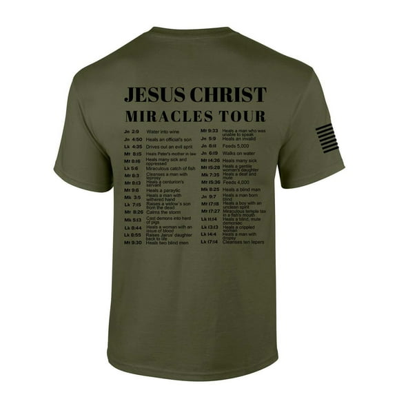 Trenz Shirt Company Mens Christian Tshirt Jesus Miracles World Tour Scripture Short Sleeve T-shirt Faith Tee-Military-xl