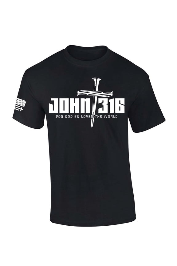 Mens Christian Tshirt John 3:16 For God So Loved The World Nail Cross Jesus Short Sleeve T-shirt Faith Tee-Black-xxl