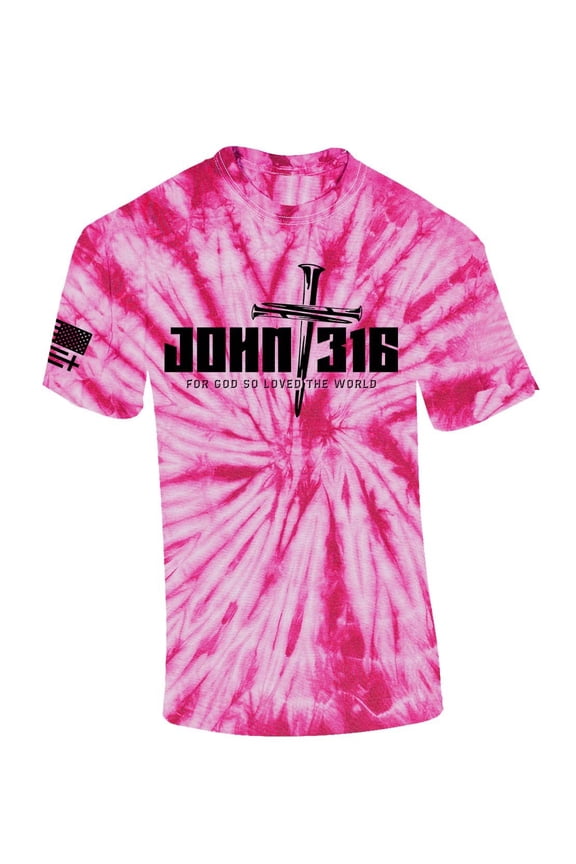 Mens Christian Tshirt John 3:16 For God So Loved The World Nail Cross Jesus Short Sleeve T-shirt Faith Tee-Pink Tie Dye-large