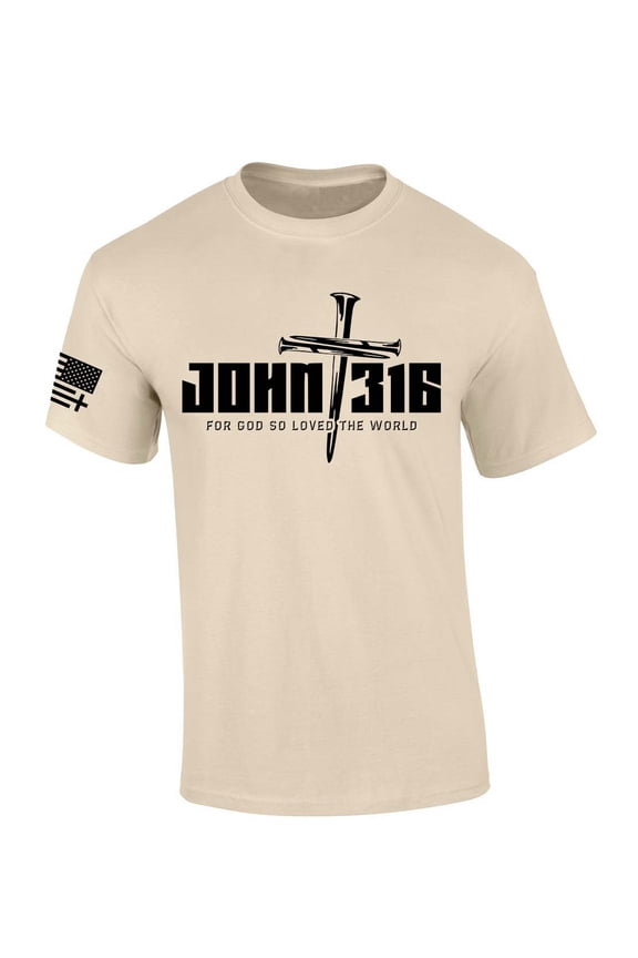 Mens Christian Tshirt John 3:16 For God So Loved The World Nail Cross Jesus Short Sleeve T-shirt Faith Tee-Sand-xl