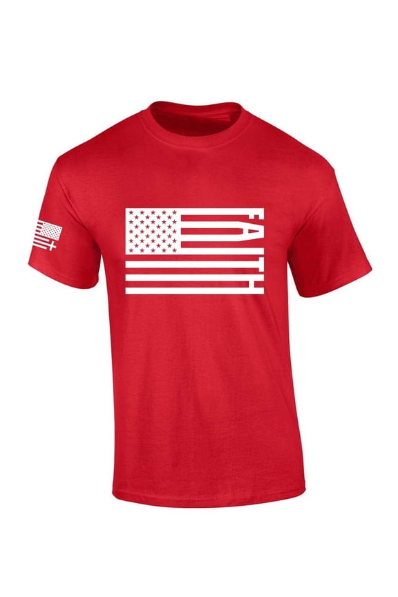 Mens Christian Tshirt Patriotic American Flag Faith Jesus Short Sleeve T-shirt-Red-medium