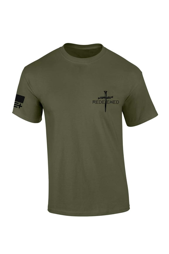 Mens Christian Tshirt Redeemed Nail Cross Crest Design Jesus Short Sleeve T-shirt Faith Tee-Military-xl