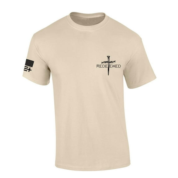 Trenz Shirt Company Mens Christian Tshirt Redeemed Nail Cross Crest Design Jesus Short Sleeve T-shirt Faith Tee-Sand-large
