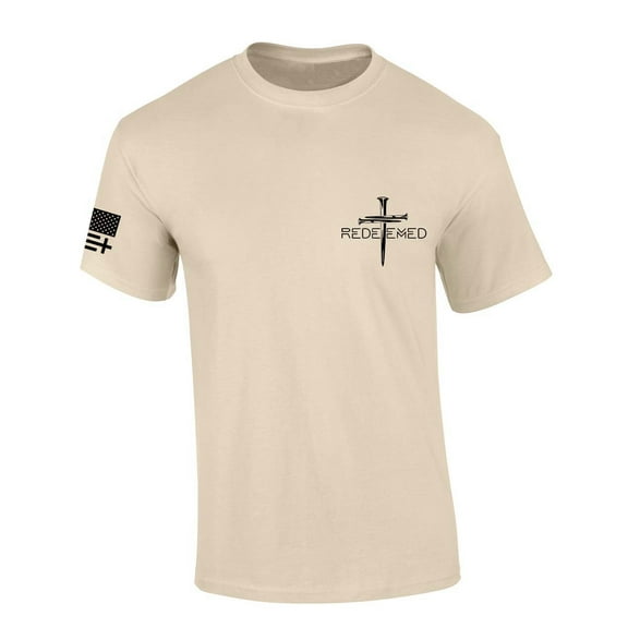 Trenz Shirt Company Mens Christian Tshirt Redeemed Nail Cross Crest Design Jesus Short Sleeve T-shirt Faith Tee-Sand-xl