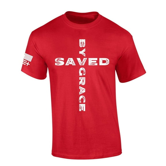 Trenz Shirt Company Mens Christian Tshirt Saved By Grace Cross Jesus Short Sleeve T-shirt Faith Tee-Red-6xl