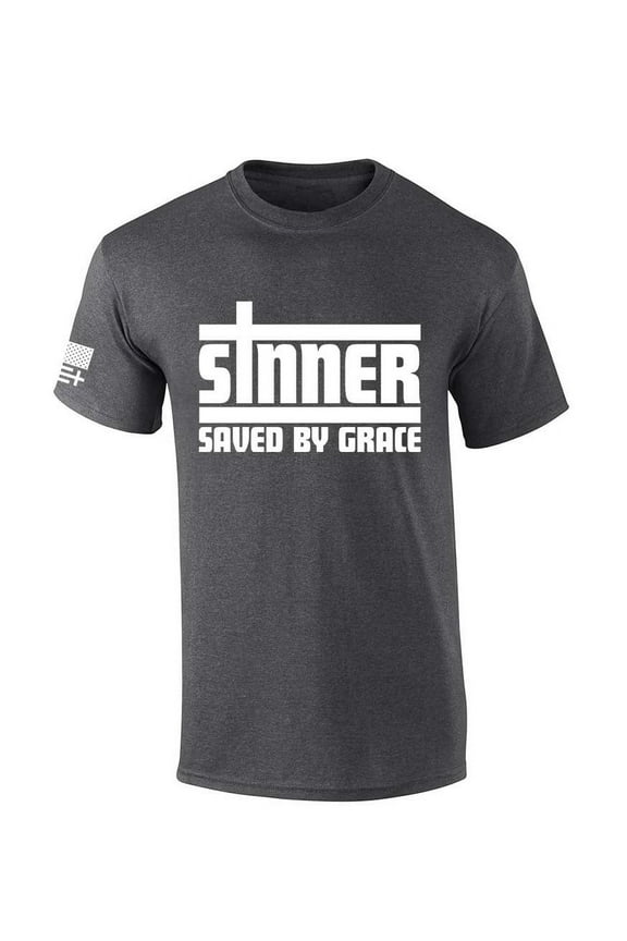 Mens Christian Tshirt Sinner Saved By Grace Jesus Short Sleeve T-shirt-Heather Grey-5xl