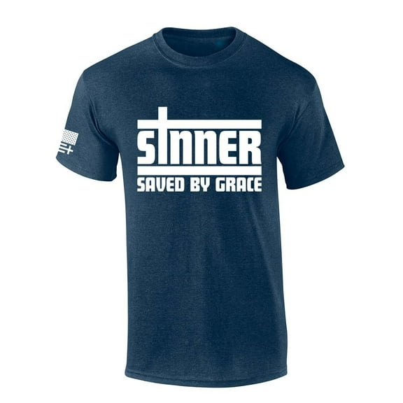 Trenz Shirt Company Mens Christian Tshirt Sinner Saved By Grace Jesus Short Sleeve T-shirt-Heather Navy-medium