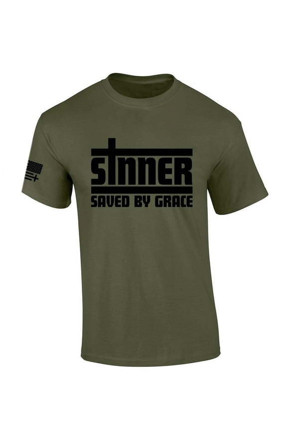 Mens Christian Tshirt Sinner Saved By Grace Jesus Short Sleeve T-shirt-Military Green-large
