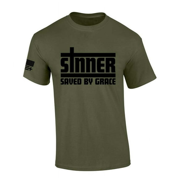 Trenz Shirt Company Mens Christian Tshirt Sinner Saved By Grace Jesus Short Sleeve T-shirt-Military Green-small