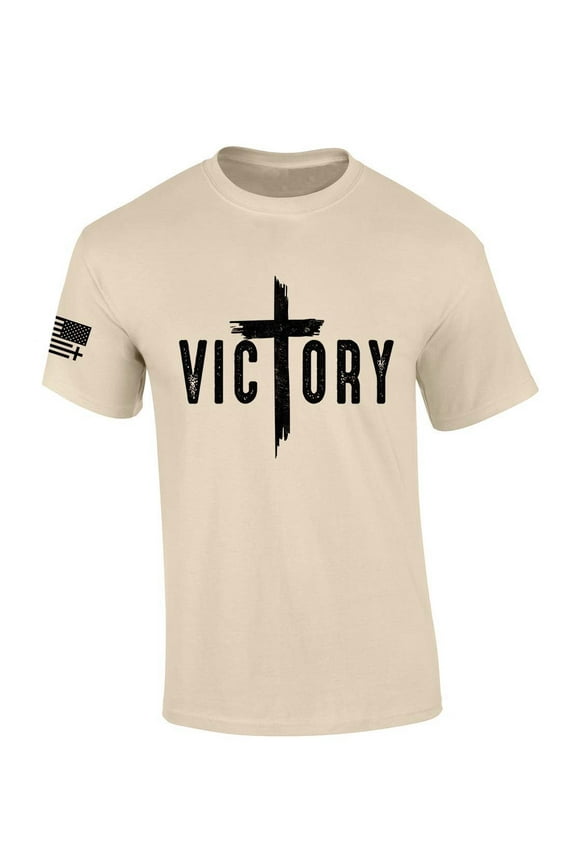 Mens Christian Victory Cross Jesus Short Sleeve T-shirt-Sand-medium