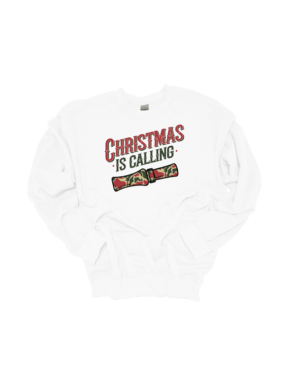 Mens Christmas Is Calling Hunting Duck Call Crewneck Sweatshirt-White-X-Large