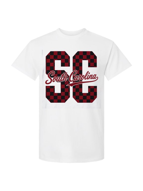 Mens College Football Graphic T Shirt – South Carolina Garnet Black Checkerboard Design Tee, White, Large