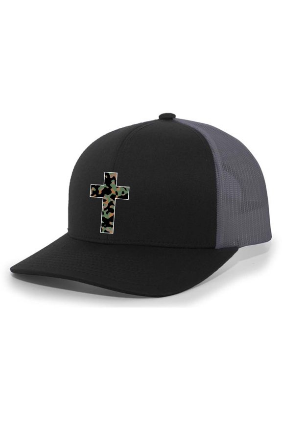 Mens Cross Hat Christian Camo Cross Mesh Back Trucker Hat, Black/Charcoal